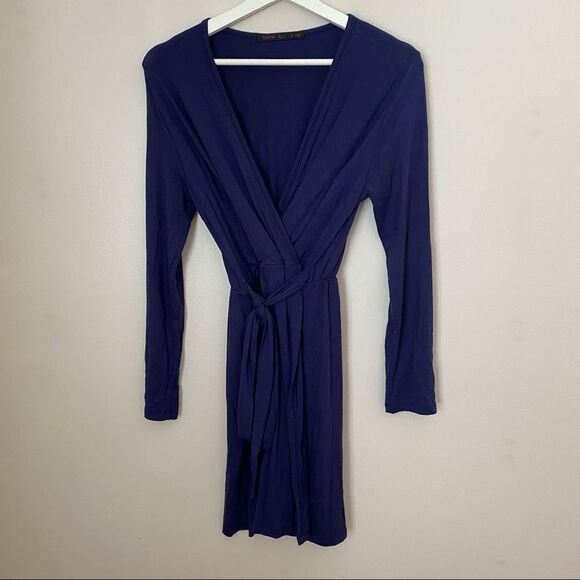 Fraiche by J Dress Wrap Long Sleeve Blue Casual Comfy Neutral Trendy Dinner Date - Picture 1 of 8
